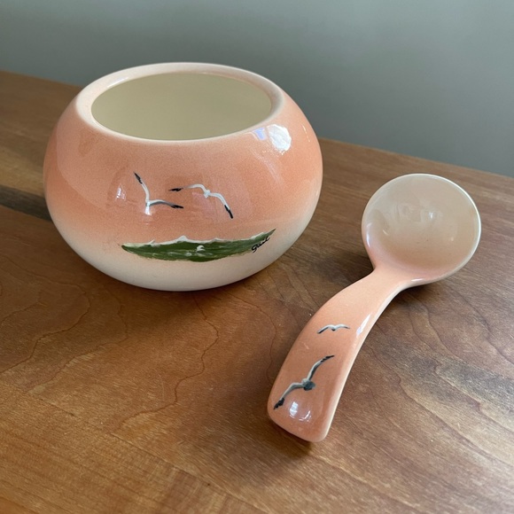 Other - Hand Painted Pink Gavendail 5" Serving Bowl w Spoon Seagull Beach Coastal